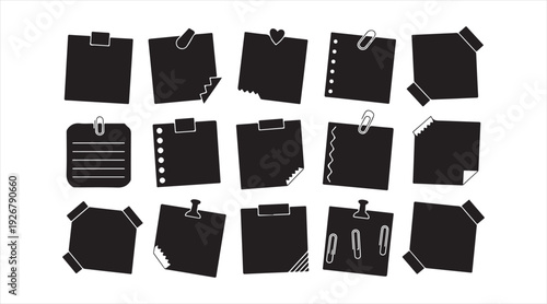 Sticky memo note icon collection with pinned and clipped paper symbols