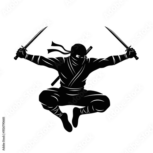 Silhouette of a ninja in action, jumping with two swords raised high, ready to fight.
