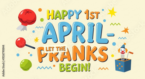 Colorful april fools' day greeting with clown and balloons on yellow background