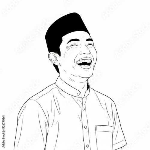 Cheerful Muslim Man Wearing Peci Laughing Vector Line Art
