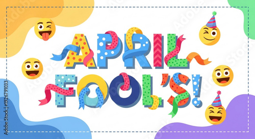Colorful april fool's day emblem with smiling emojis and party decorations on white background