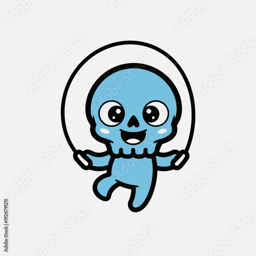 Cute blue cartoon skull mascot joyfully jumps rope against a plain white background for fitness concepts.