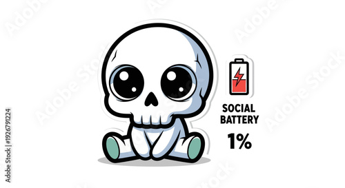 Small white cartoon skull character sits dejectedly beside a battery icon indicating social battery level at only one percent.