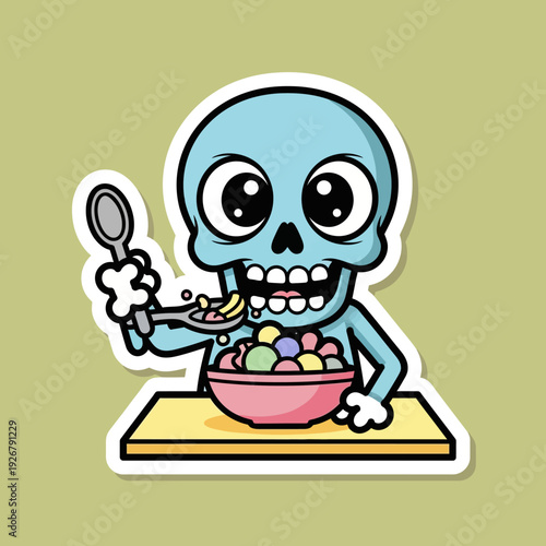 Blue cartoon zombie character happily eats colorful round cereal from a pink bowl placed on a light yellow surface.