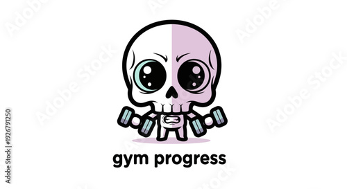 Motivated cute skull character lifts small light blue dumbbells to show consistent gym progress.