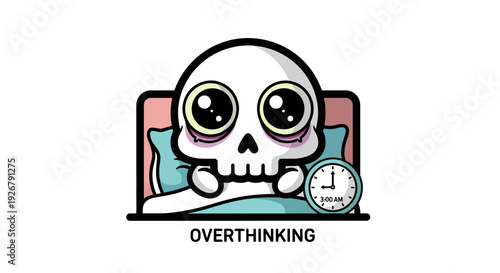 Anxious cartoon skull character lies awake in bed next to an alarm clock displaying 3 AM for overthinking.
