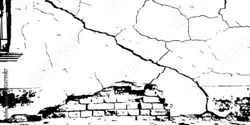 Minimal black and white illustration of a crumbling brick wall in a barren landscape, bold ink lines and rough textures capturing decay, silence, and abandoned architecture.
