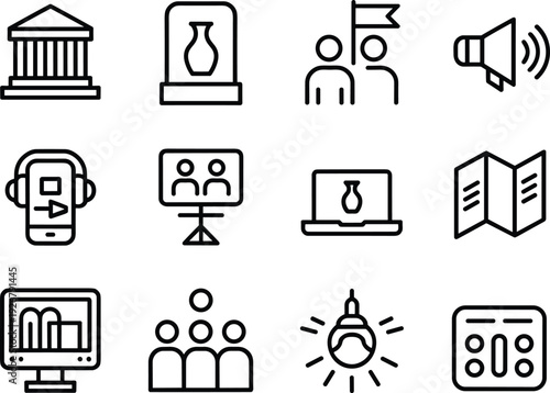 Museum icons illustration featuring exhibits, guided tours, audio guides, virtual access, presentations, and interactive experiences in educational vector design.