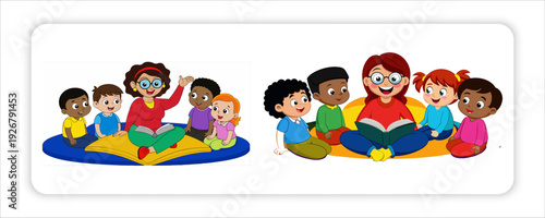 Vector set of cartoon children reading books. Multiracial kids in different poses with book