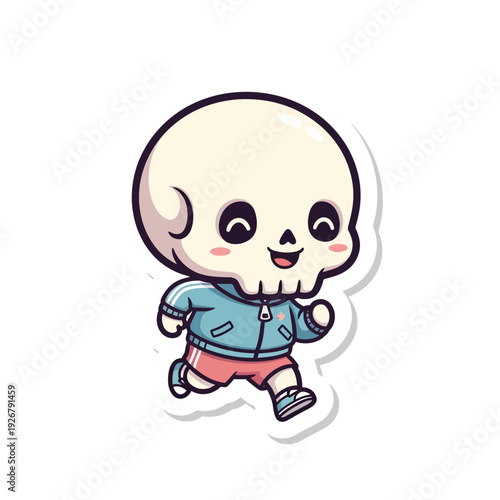 A cute cartoon skull character with big eyes and a happy smile, wearing a blue jacket and pink shorts, running with a cheerful expression, isolated on a white background.