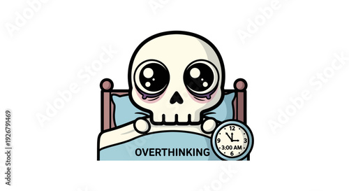 A cartoon skeleton character in bed, awake at 3 AM, suffering from overthinking and insomnia.