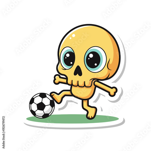 A cute cartoon yellow skull character with big eyes playing soccer on a patch of green grass.