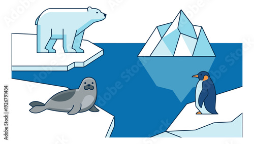 Line art flat design arctic animals set featuring a polar bear, seal, penguin, and icebergs for nature education