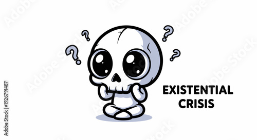 Cute cartoon skull character having an existential crisis with question marks floating around its head, on a white background.