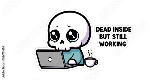 Cute skull sticker expresses burnout while working diligently on a silver laptop with a steaming beverage nearby.