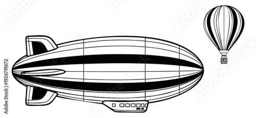 Hand drawn line art air transport set featuring a blimp and a hot air balloon for retro travel illustrations