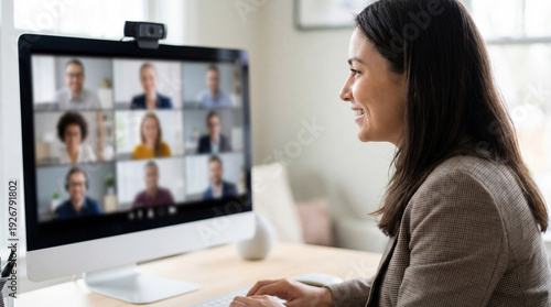 Marketer office thinking with woman smiling during video call on computer screen featuring engaging online meeting. Marketer office environment with remote participants connecting through video call.