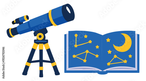 Flat design graphic astronomy set featuring a telescope and an open book with constellations for science education