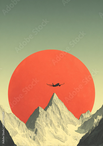 Silhouette airplane flying over rugged mountain peaks against a minimalist red sun and green sky