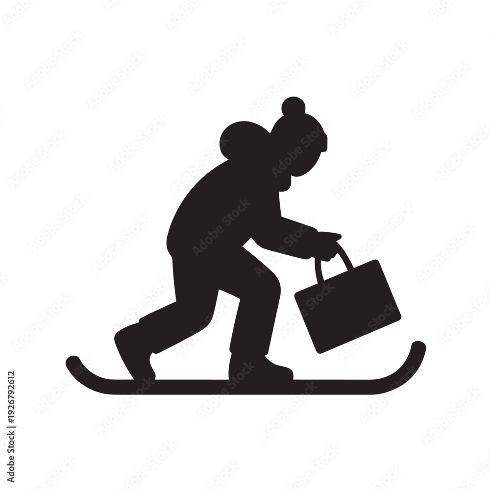 Fototapeta premium A person in winter clothing carrying a bag while skiing, depicted in silhouette on a transparent background, ready for winter sport activities