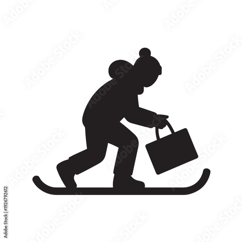 A person in winter clothing carrying a bag while skiing, depicted in silhouette on a transparent background, ready for winter sport activities
