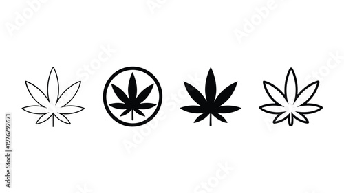 Four different cannabis leaf icons in black and white line art on white background