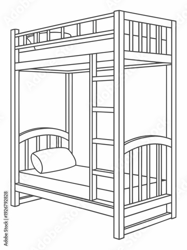 Simple black and white outline drawing of a classic wooden bunk bed structure featuring a ladder and a lower mattress with a single pillow