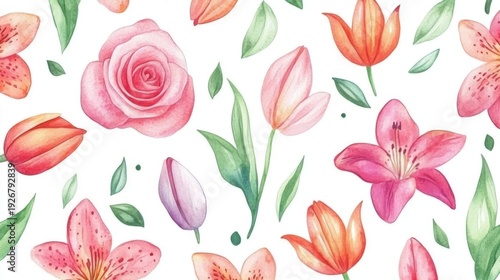 Watercolor Springtime Floral Pattern Featuring Roses, Tulips, and Lily Flowers