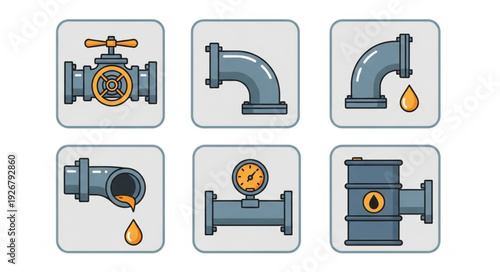 Collection of industrial pipeline components with various shapes and functions for fluid transport.
