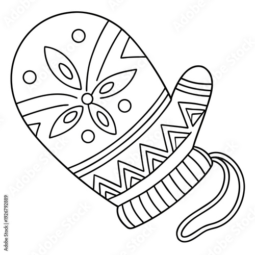Winter season coloring page featuring a single knit woolen mitten with decorative ethnic patterns ready for holiday crafts activities