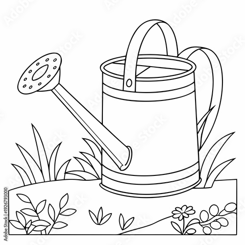 Simple black and white outline drawing of a classic watering can resting outdoors among stylized grass and small garden plants for coloring activities.