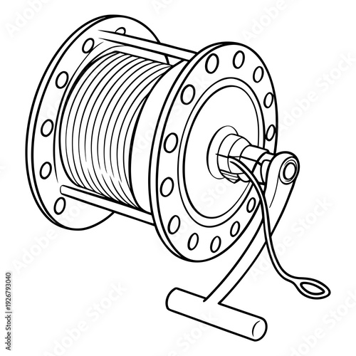 Black and white line art illustration of a heavy duty fishing reel designed for deep sea angling or commercial use featuring a large spool and handle mechanism