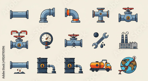 Collection of industrial pipeline elements and oil industry equipment illustrations.