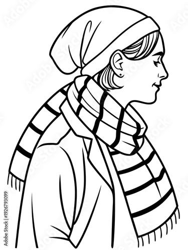 Simple black and white line art drawing of a young woman wearing a warm knitted hat and a thick striped scarf outdoors during chilly weather
