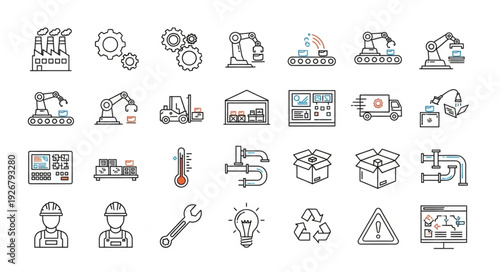 Industrial and manufacturing icons representing various aspects of production and engineering.