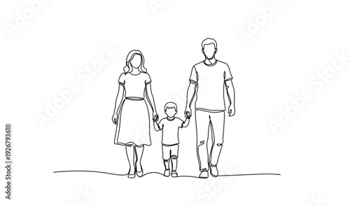 Continuous Single Line Family Walking Together Minimalist Mother Father Two Children Line Art Vector Isolated on White
