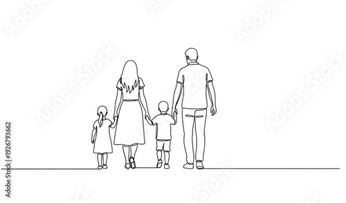 Continuous One Line Family Back View Walking Hand in Hand Modern Minimal Line Art Vector Illustration White Background