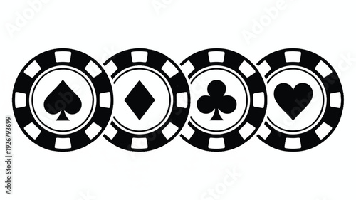 Four poker chips with suit symbols isolated on transparent background