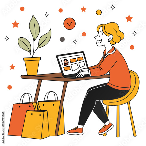 A woman sits at a desk with a laptop and shopping bags Vector