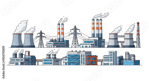 Industrial complex illustration depicting factories, power lines, and infrastructure in a detailed cityscape.