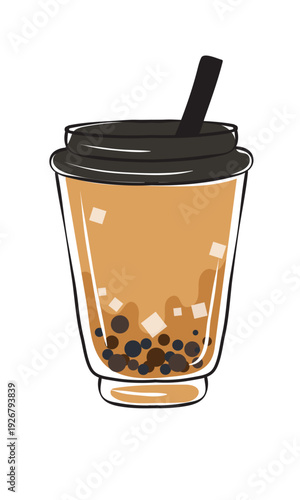 A delicious cup of bubble milk tea with tapioca pearls isolated on a white background.