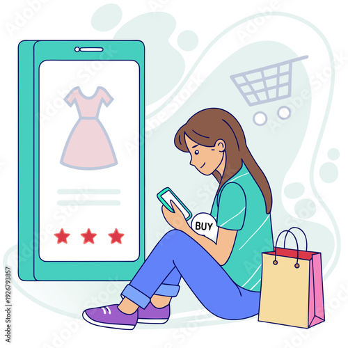 A woman sitting next to a large phone shopping online Vector