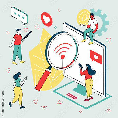 People interacting with a large computer and mobile devices Vector