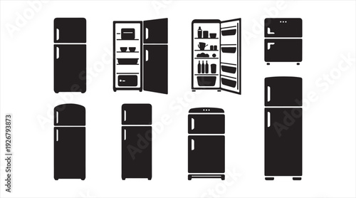 Kitchen refrigerator icon collection with various fridge styles in solid and outline format