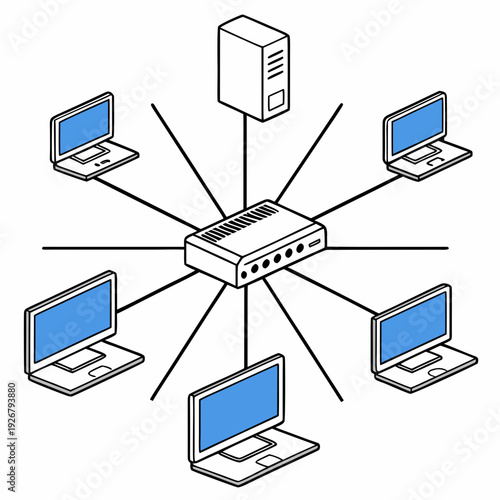 A network diagram showing a server connected to a switch and five laptops Vector
