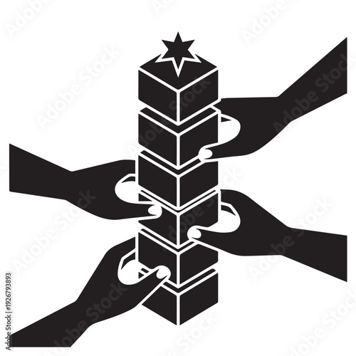 Collaborative teamwork and problem-solving concept, multiple hands working together to build a tower of blocks with a star at the top