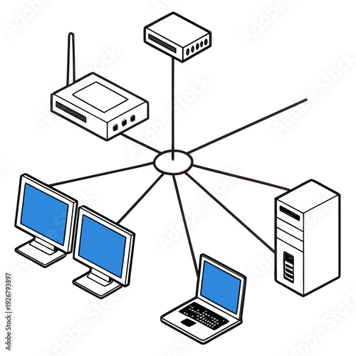 A network diagram showing a star topology with various devices Vector