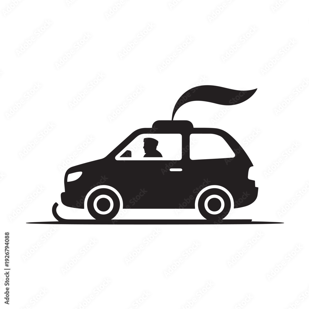 Obraz premium Compact car with luggage on roof and person inside vector illustration on transparent background. concept of travel, vacation, and road trips