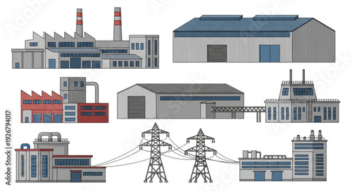 Industrial power plants and electrical infrastructure illustration, energy production and distribution.