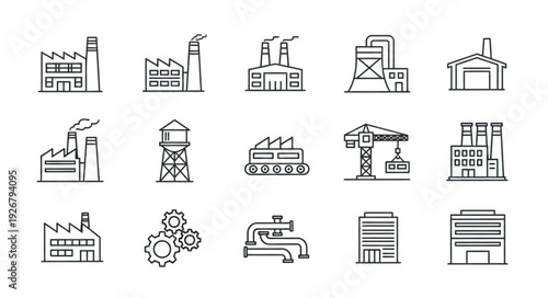 Collection of industrial factory buildings and related elements in line art style.